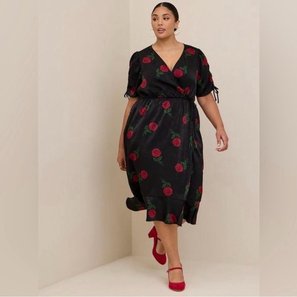 torrid Dresses & Skirts - Torrid Rose Floral Midi Brushed Charmeuse Wrap Dress